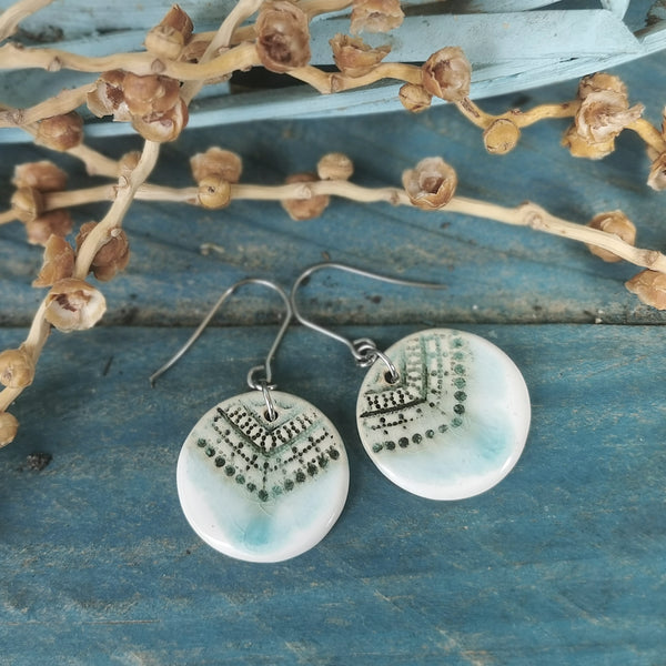 Turquoise-white color ceramic handmade earrings, rustic jewelry