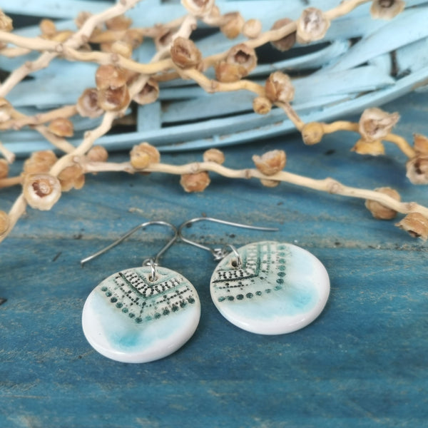Turquoise-white color ceramic handmade earrings, rustic jewelry