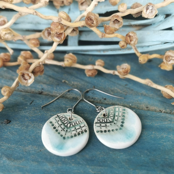 Turquoise-white color ceramic handmade earrings, rustic jewelry