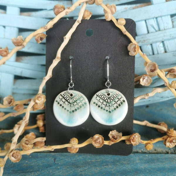 Turquoise-white color ceramic handmade earrings, rustic jewelry
