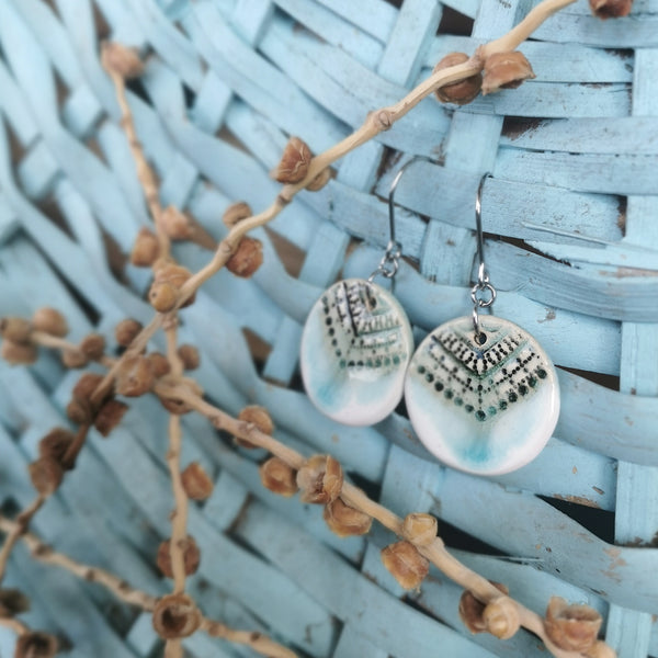 Turquoise-white color ceramic handmade earrings, rustic jewelry