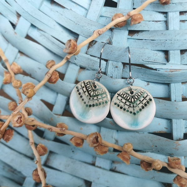 Turquoise-white color ceramic handmade earrings, rustic jewelry