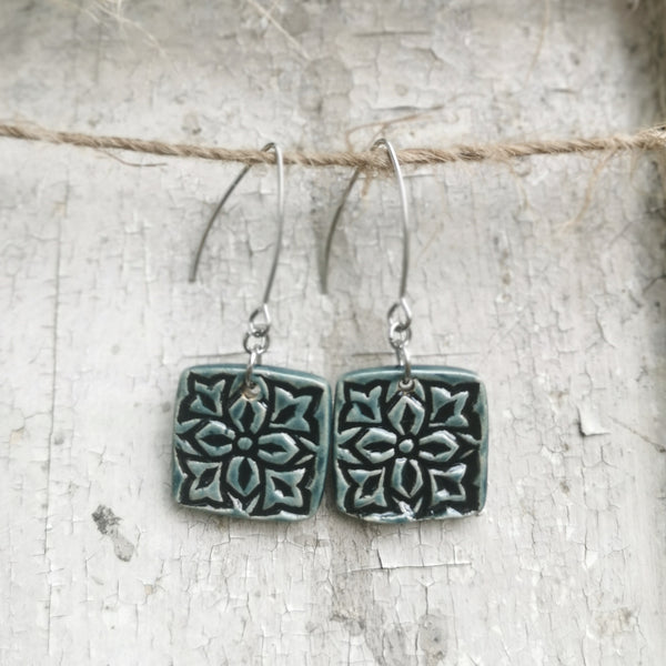 Handmade ceramic earrings, special surface and brilliant greenish blue