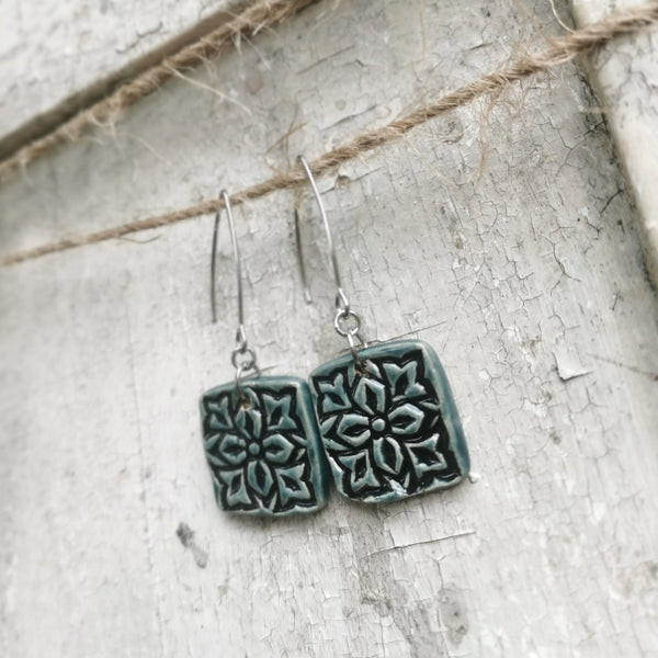 Handmade ceramic earrings, special surface and brilliant greenish blue