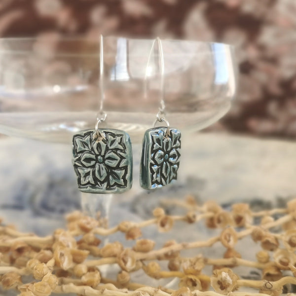 Handmade ceramic earrings, special surface and brilliant greenish blue