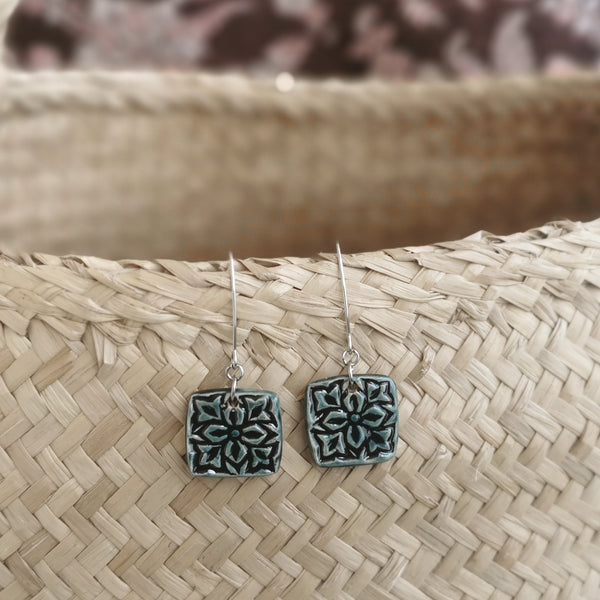 Handmade ceramic earrings, special surface and brilliant greenish blue