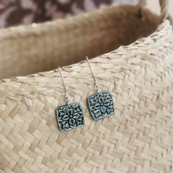 Handmade ceramic earrings, special surface and brilliant greenish blue