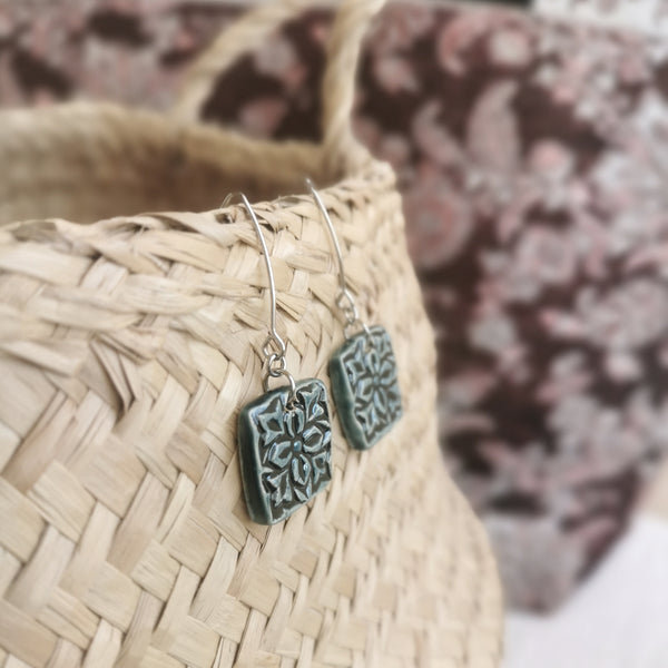 Handmade ceramic earrings, special surface and brilliant greenish blue