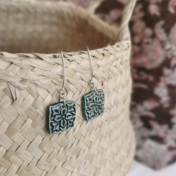 Handmade ceramic earrings, special surface and brilliant greenish blue