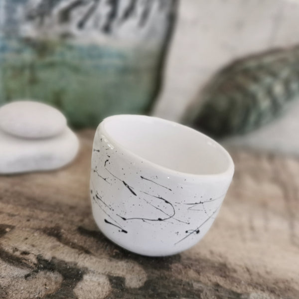 Minimalist white 100 ml coffee cup with black pattern
