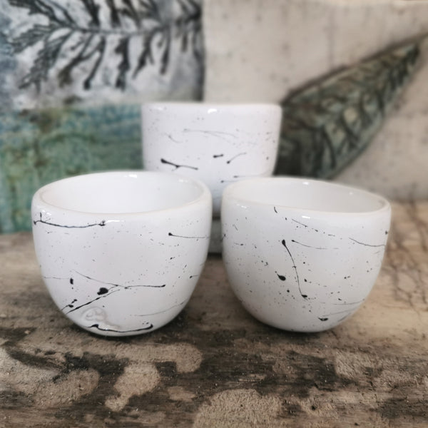 Minimalist white 100 ml coffee cup with black pattern