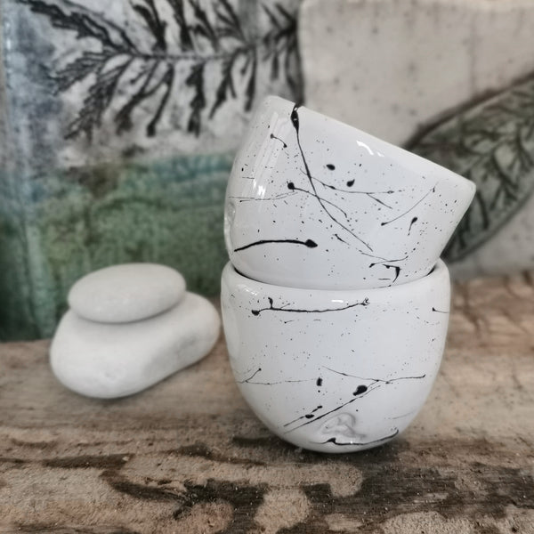 Minimalist white 100 ml coffee cup with black pattern