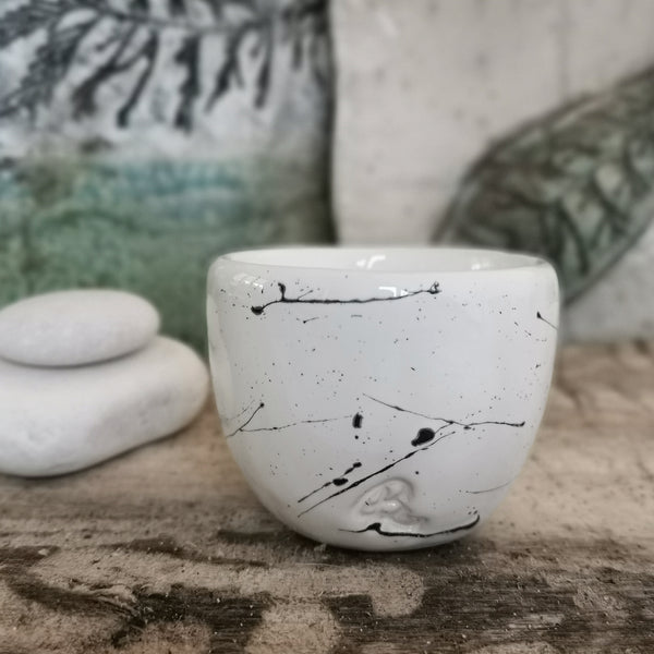 Minimalist white 100 ml coffee cup with black pattern