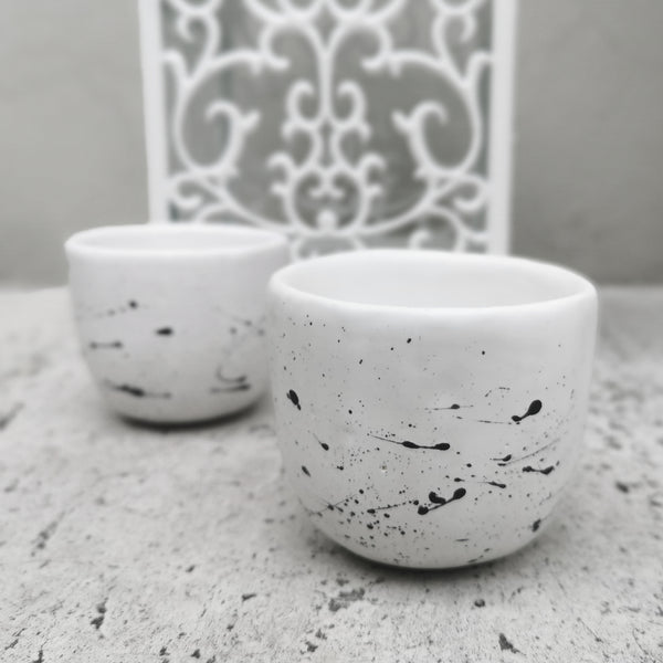 Minimalist white 100 ml coffee cup with black pattern