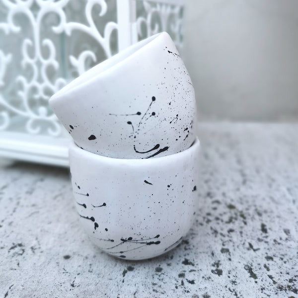 Minimalist white 100 ml coffee cup with black pattern