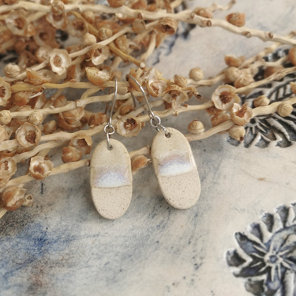 Handmade ceramic earrings - minimal beige and blue ocean-inspired design