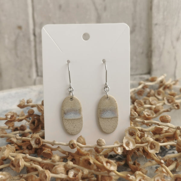 Handmade ceramic earrings - minimal beige and blue ocean-inspired design