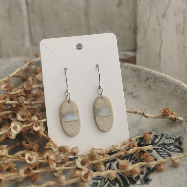 Handmade ceramic earrings - minimal beige and blue ocean-inspired design