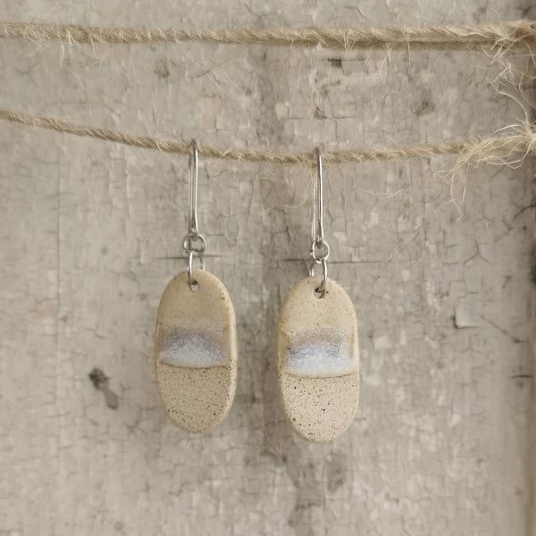 Handmade ceramic earrings - minimal beige and blue ocean-inspired design