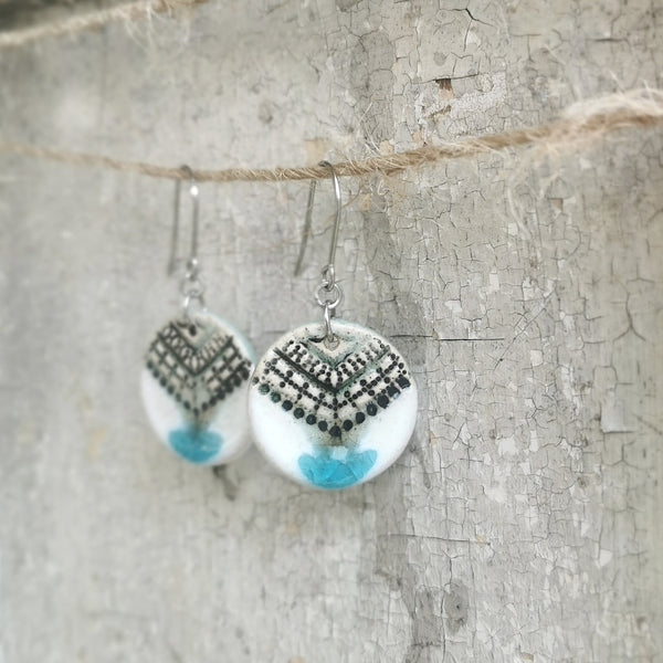 Turquoise-white color ceramic handmade earrings, rustic pattern, glazed jewelry