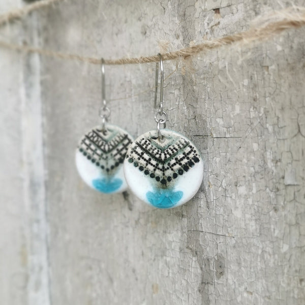 Turquoise-white color ceramic handmade earrings, rustic pattern, glazed jewelry