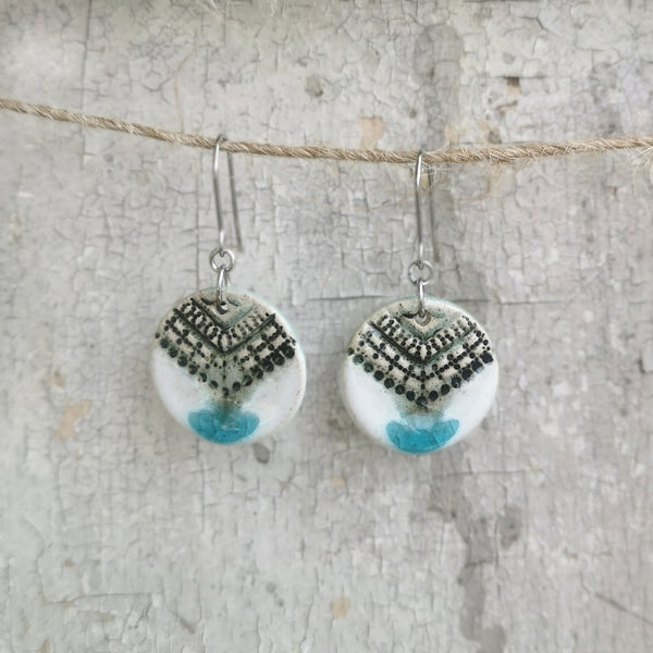 Turquoise-white color ceramic handmade earrings, rustic pattern, glazed jewelry