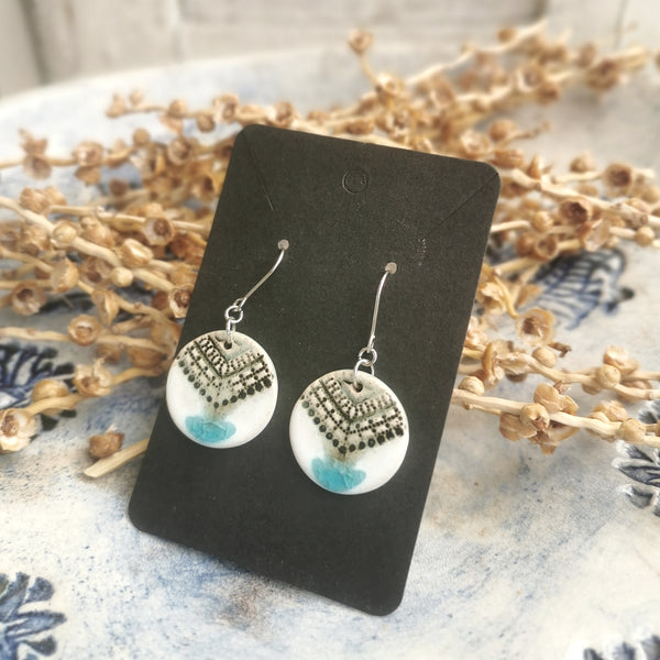 Turquoise-white color ceramic handmade earrings, rustic pattern, glazed jewelry