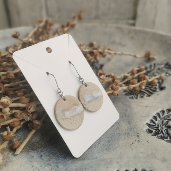 Handmade ceramic earrings - minimal beige and blue ocean-inspired design
