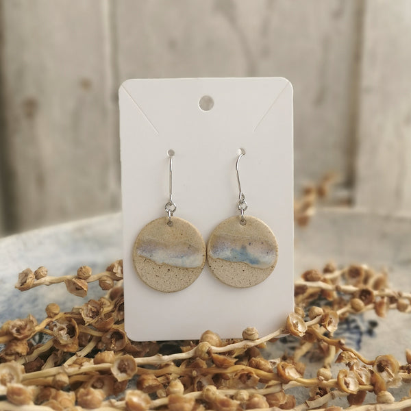 Handmade ceramic earrings - minimal beige and blue ocean-inspired design