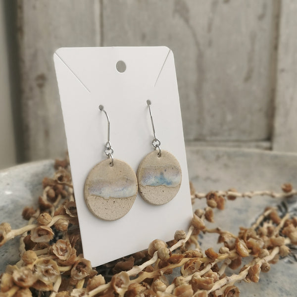 Handmade ceramic earrings - minimal beige and blue ocean-inspired design