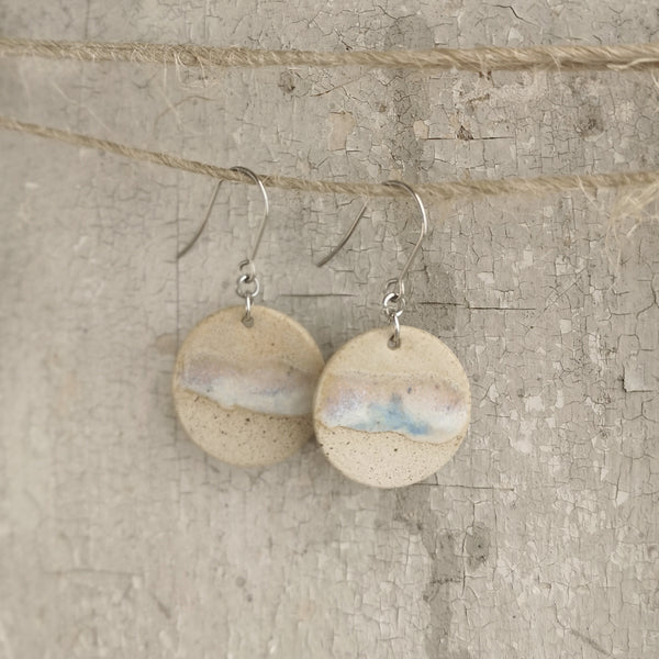 Handmade ceramic earrings - minimal beige and blue ocean-inspired design