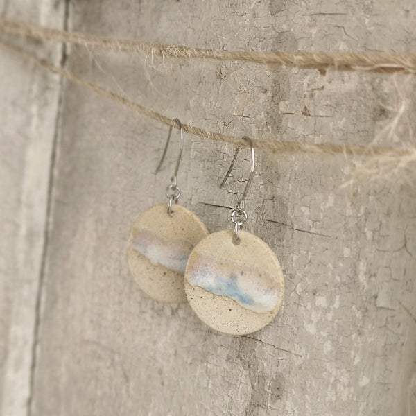 Handmade ceramic earrings - minimal beige and blue ocean-inspired design