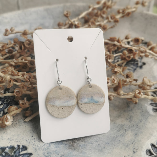 Handmade ceramic earrings - minimal beige and blue ocean-inspired design