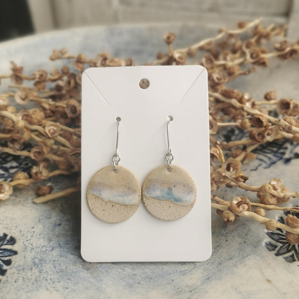 Handmade ceramic earrings - minimal beige and blue ocean-inspired design