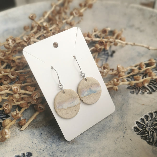 Handmade ceramic earrings - minimal beige and blue ocean-inspired design