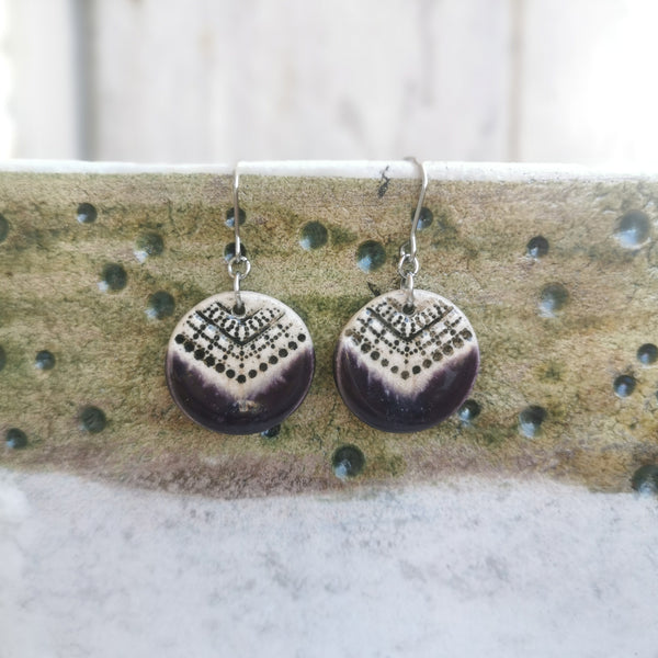 Handmade ceramic earrings, special surface, purple and cream color