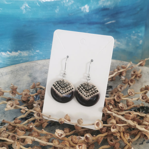 Handmade ceramic earrings, special surface, purple and cream color