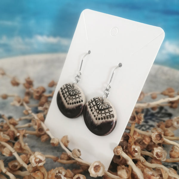 Handmade ceramic earrings, special surface, purple and cream color