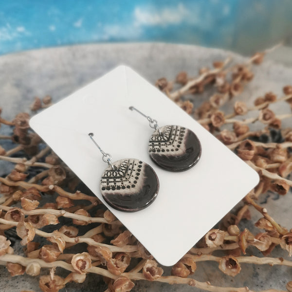 Handmade ceramic earrings, special surface, purple and cream color