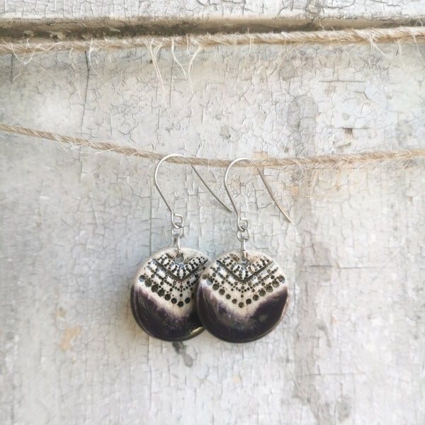 Handmade ceramic earrings, special surface, purple and cream color