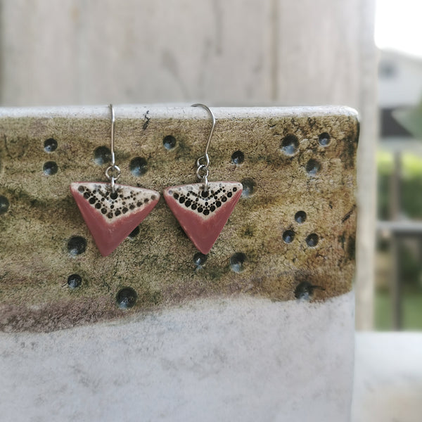 Handmade ceramic triangle earrings - burgundy, black and white minimalist design