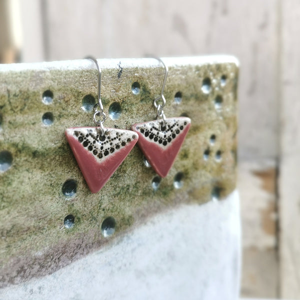 Handmade ceramic triangle earrings - burgundy, black and white minimalist design