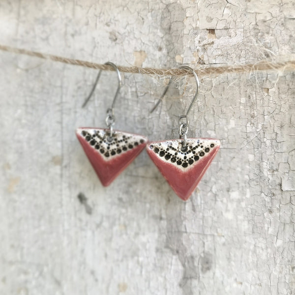 Handmade ceramic triangle earrings - burgundy, black and white minimalist design