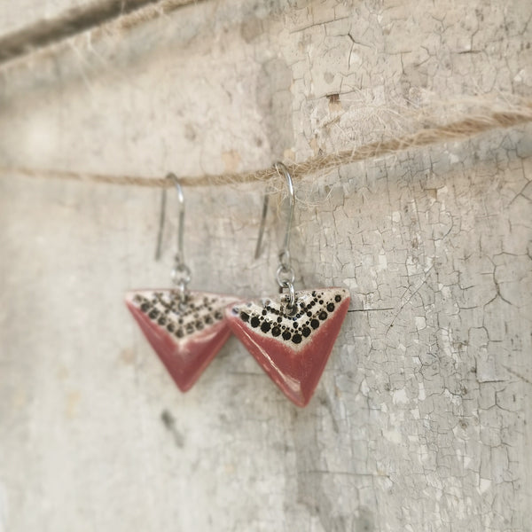 Handmade ceramic triangle earrings - burgundy, black and white minimalist design
