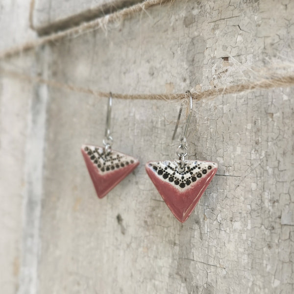 Handmade ceramic triangle earrings - burgundy, black and white minimalist design