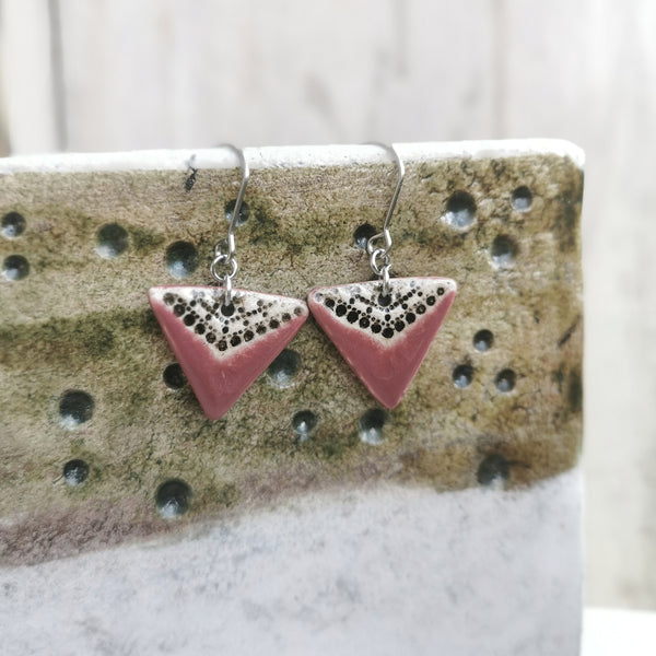 Handmade ceramic triangle earrings - burgundy, black and white minimalist design