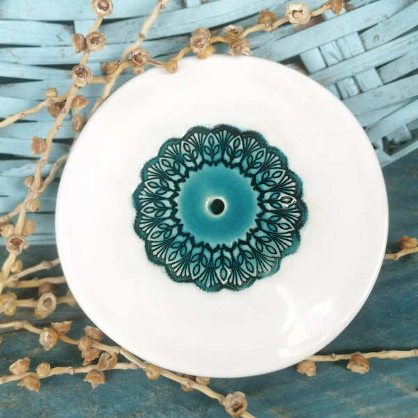 Mandala ceramic soap dish - turquoise & white, handmade, raised on 4 feet
