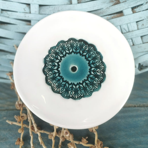 Mandala ceramic soap dish - turquoise & white, handmade, raised on 4 feet