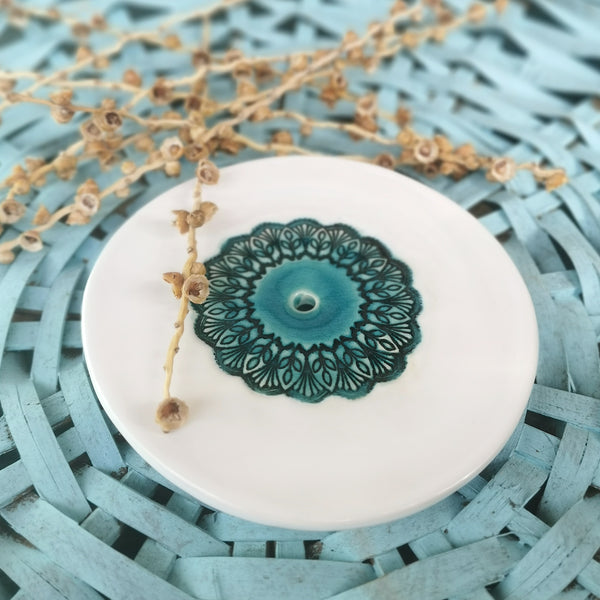 Mandala ceramic soap dish - turquoise & white, handmade, raised on 4 feet
