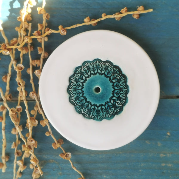 Mandala ceramic soap dish - turquoise & white, handmade, raised on 4 feet